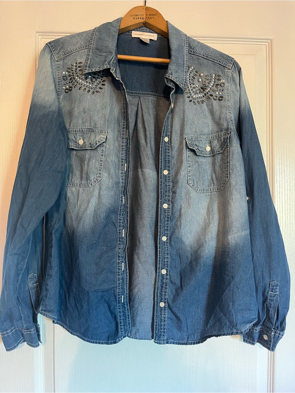 Christopher & Banks Women's Jean Chambray Denim Button Up Shirt Rhinestones L